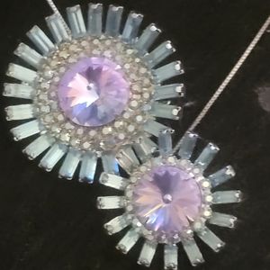 Vintage blue ab baguette & rivoli rhinestone pendant & brooch set 925 chain neck